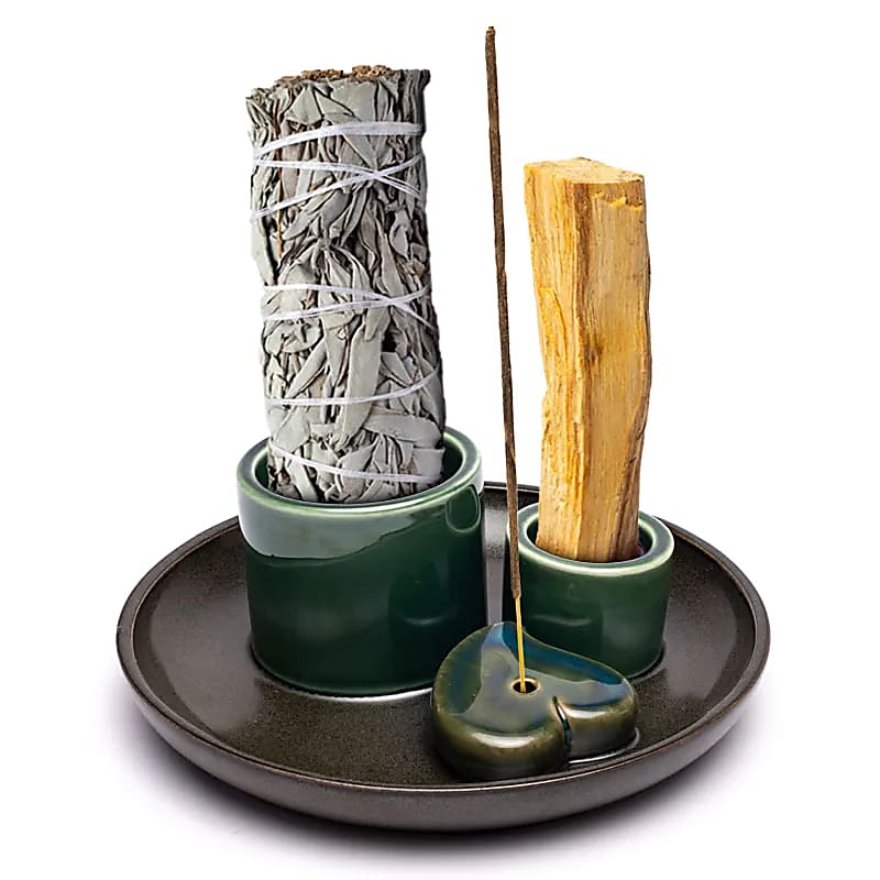 Arzător de tămâie și tămâie din ceramică Palo Santo Petrol/maro - 14x6 cm