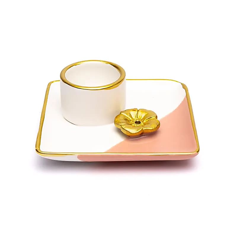 Queimador de Manchas e Incenso em Cerâmica Flor Rosa/branco/dourado - 12x12x5 Cm