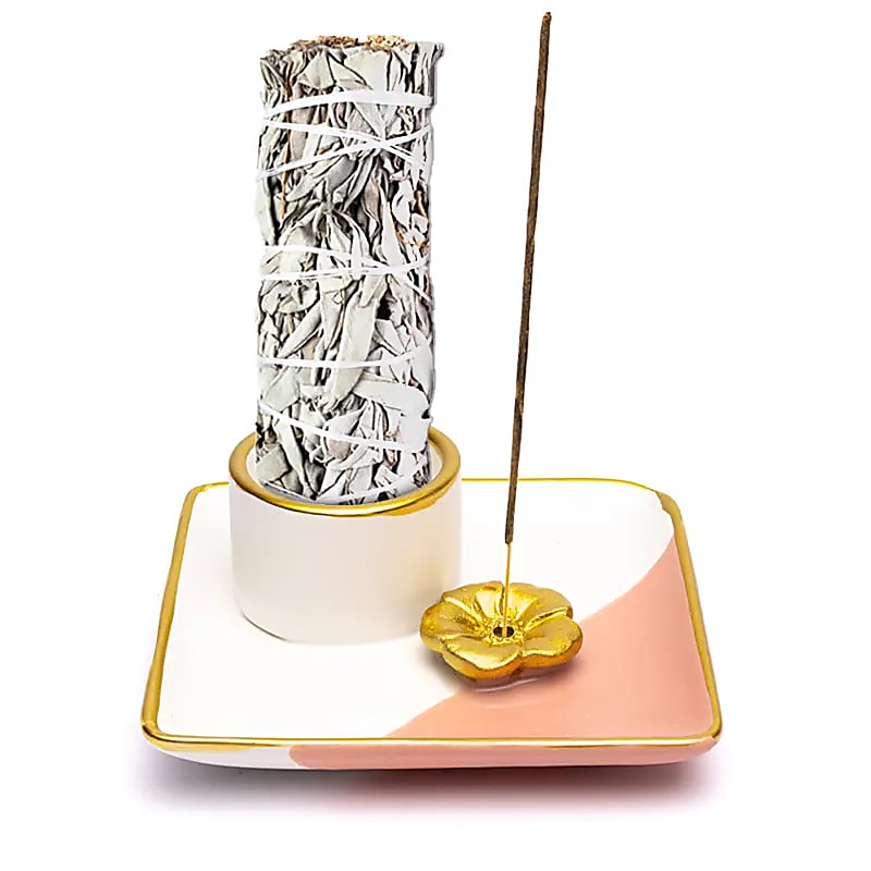 Queimador de Manchas e Incenso em Cerâmica Flor Rosa/branco/dourado - 12x12x5 Cm