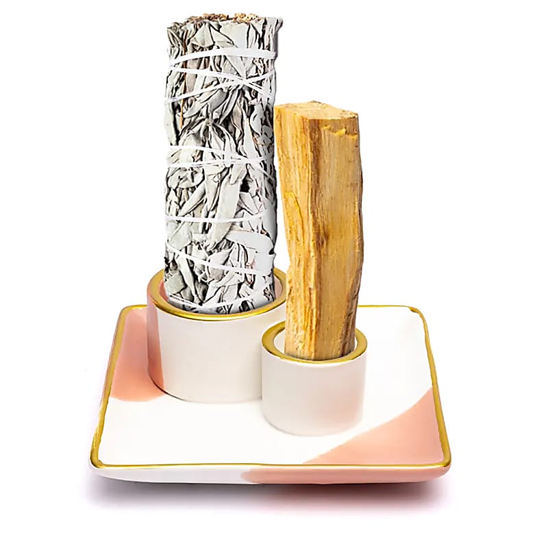 Ceramiczna plama i Palo Santo Burner Flower Różowy/biały/złoty - 11,5x11,5x5 cm