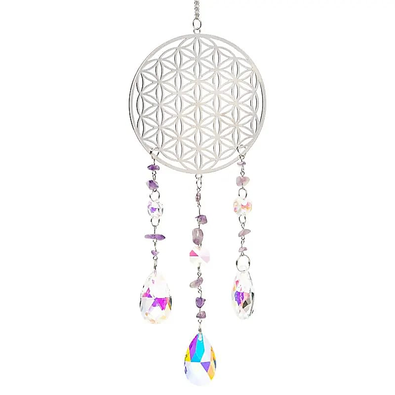 Suncatcher Flower Of Life Silverfärgad Med Ametist - 40x9,5 Cm