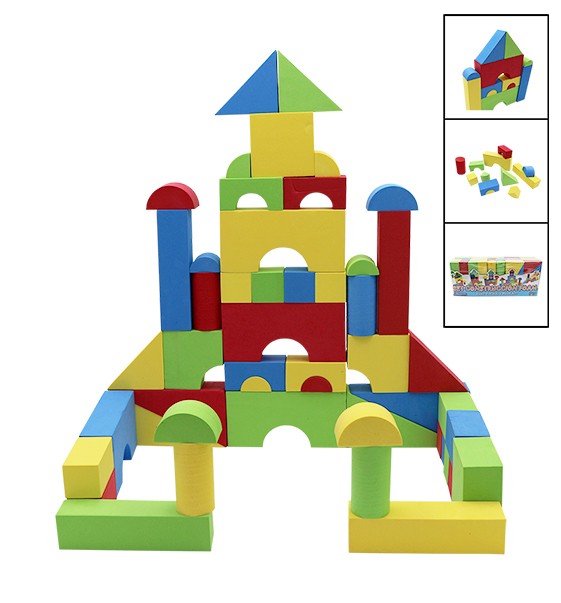 Sada 50 pěnových stavebních bloků s geometrickými tvary