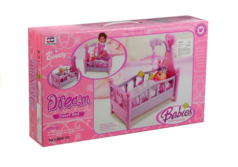 Large Doll's Bed With Mobile And Bedding Pink And Purple 48cm