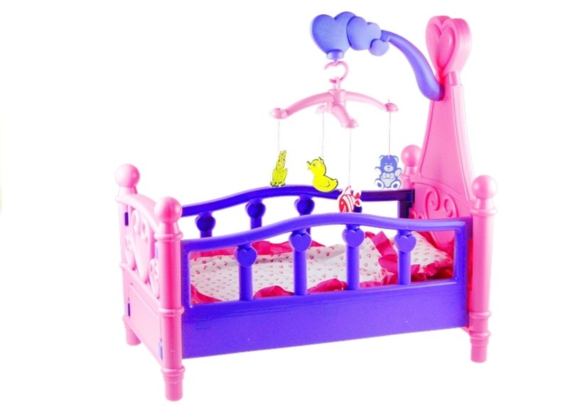 Large Doll's Bed With Mobile And Bedding Pink And Purple 48cm