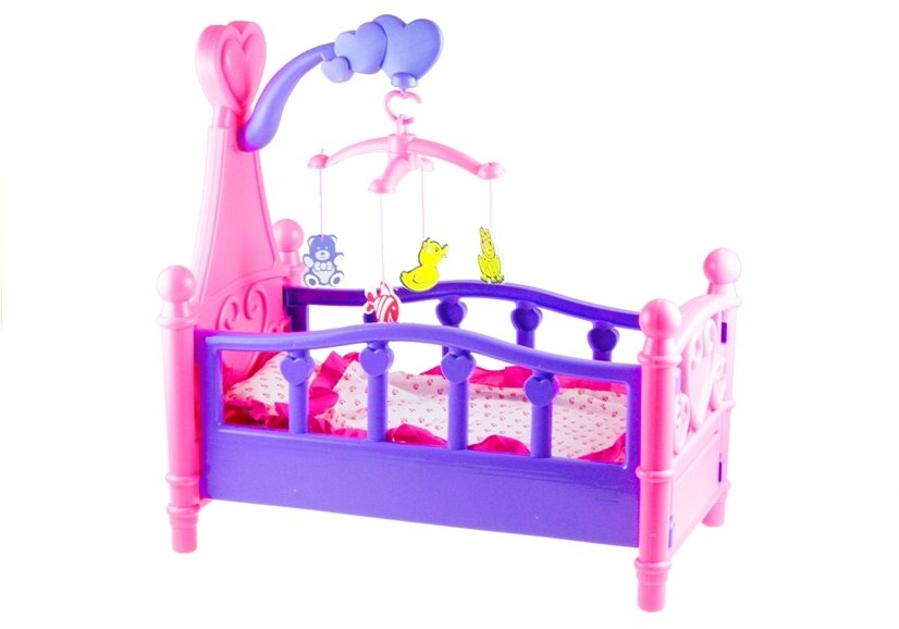 Large Doll's Bed With Mobile And Bedding Pink And Purple 48cm