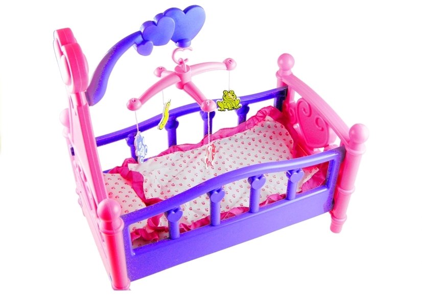 Large Doll's Bed With Mobile And Bedding Pink And Purple 48cm
