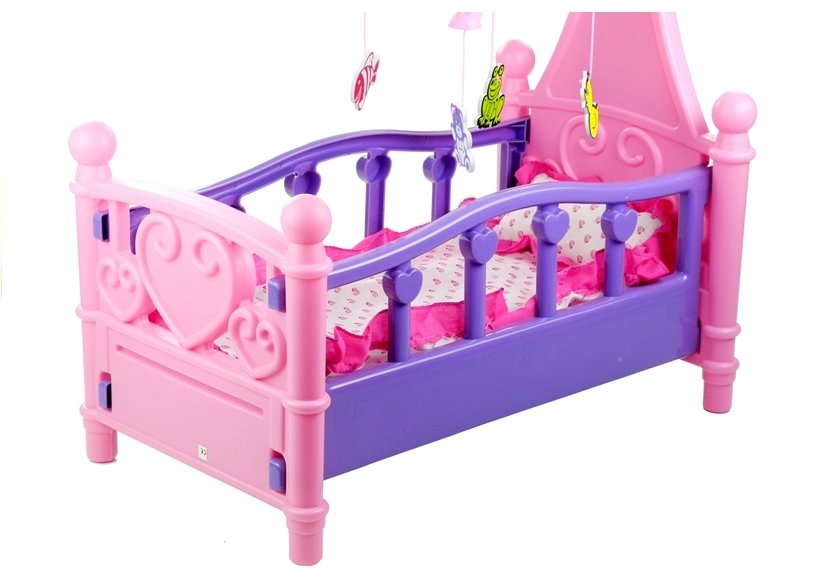 Large Doll's Bed With Mobile And Bedding Pink And Purple 48cm