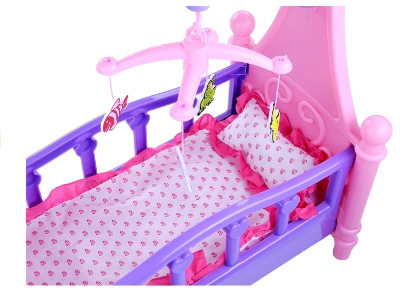 Large Doll's Bed With Mobile And Bedding Pink And Purple 48cm