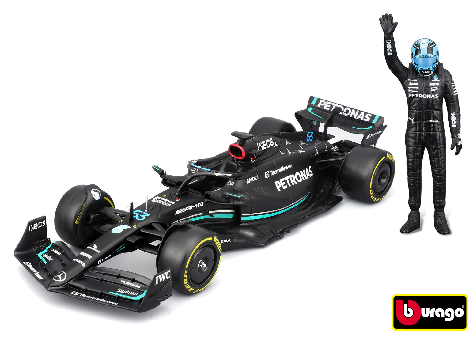 Bburago 1:24 Race Formel F1 - Mercedes-amg F1 W14 E (2023) #63 George Russell med förare och inredning