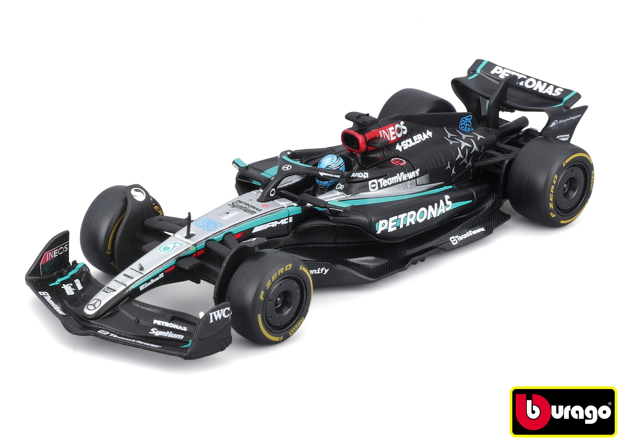 Bburago 1:43 Závod Formule F1 – Mercedes-amg F1 W15 Performance (2024) #63 (george Russel) s pohonem