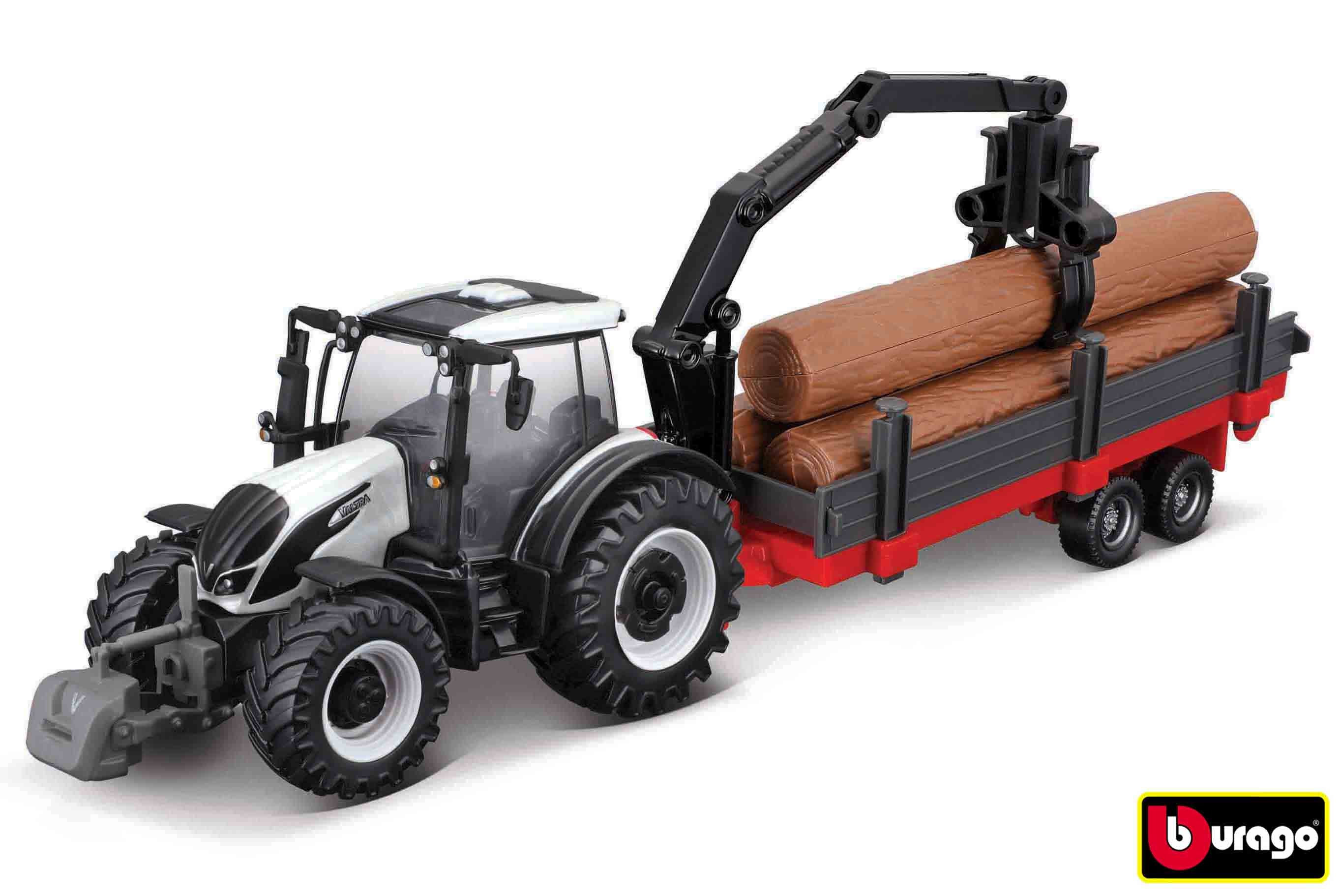 Conjunto de presente de trator agrícola Bburago 10 cm - Valtra N174 com 3 reboques