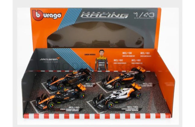 Bburago 1:43 Závod formule F1 4pac – Mclaren F1 Team Mcl38 (2024) #4 L.norris #81 O.piastri