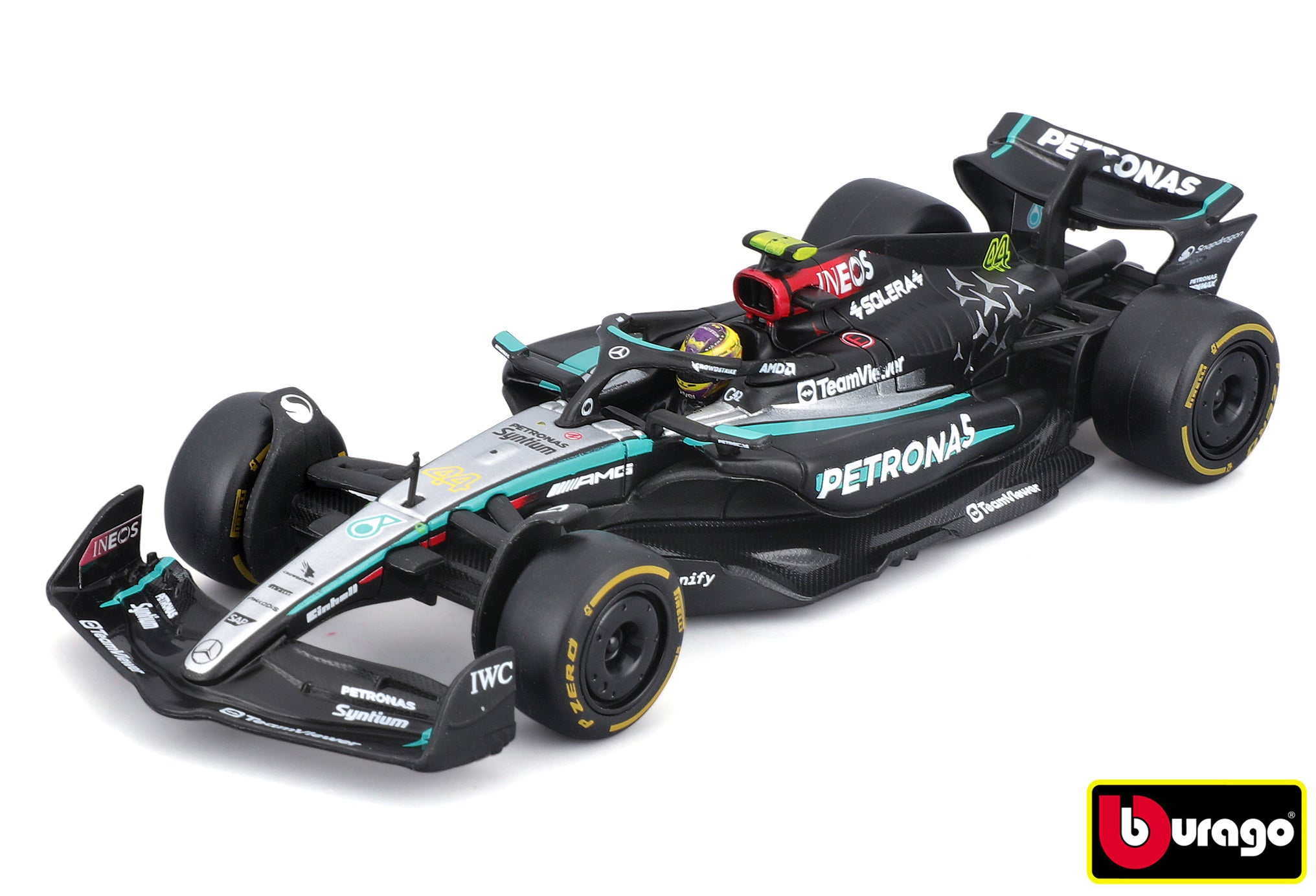 Bburago 1:43 Závod Formule F1 – Výkon Mercedes-amg F1 W15 (2024) #44 Lewis Hamilton s jezdcem