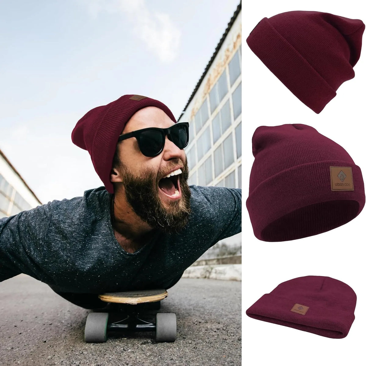 Gorros de invierno Urban Ace Gorros unisex con puños Rubí Borgoña