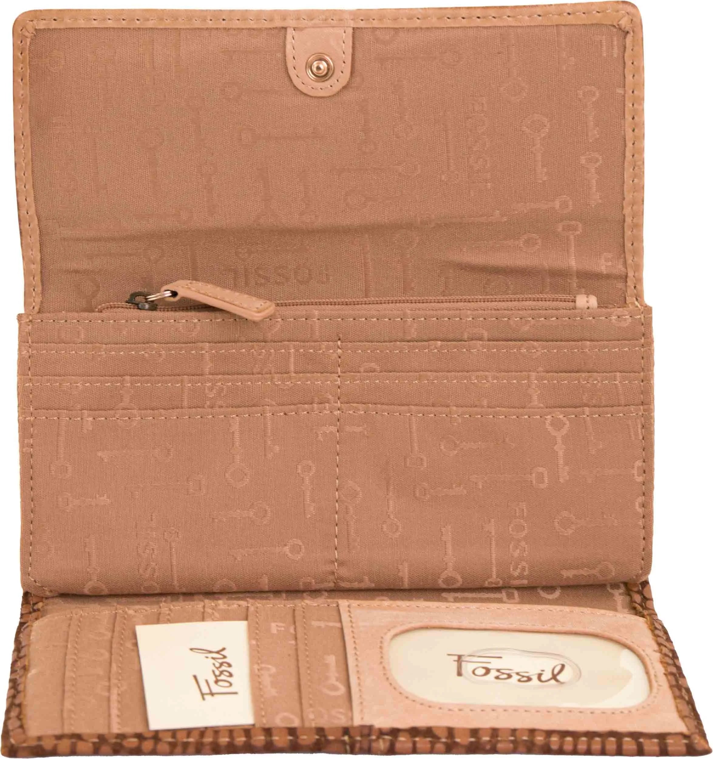 Dámska peňaženka fossil wmns kožená peňaženka maddox s reliéfnou chlopňou spojka hnedá