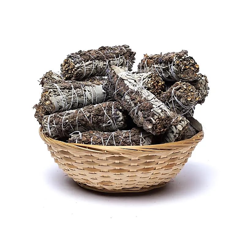 Mancha de salvia blanca con lavanda S por 24 en cesta: ±11 x 3,5 cm; ±30-40g