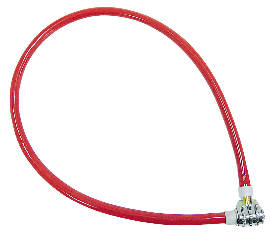 Zamek kablowy 550 mm z 3-cyfrowym, chromowanym zamkiem. Kabel o długości 6 mm w kolorze niebieskim lub czerwonym PCV.