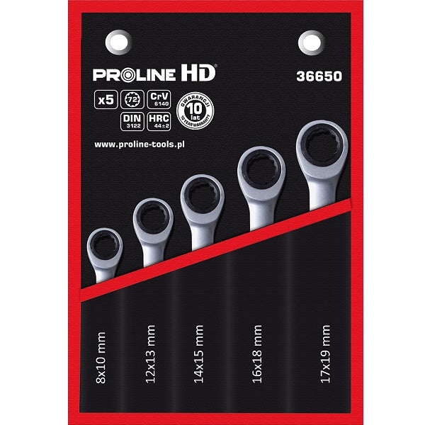 Ring Wrench Set With Ratchet 5 Pieces 8-19 Mm Crv Proline Hd