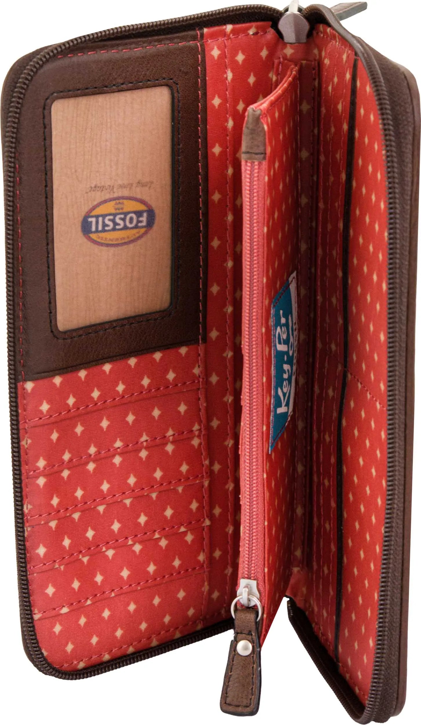 Damesportemonnee Fossil Wmns Leren portemonnee Key-per Zip Clutch Giraffe Bruin