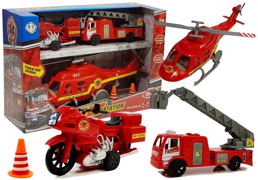 Set Of Fire Brigade Vehicles Helicopter Motor Light Sounds