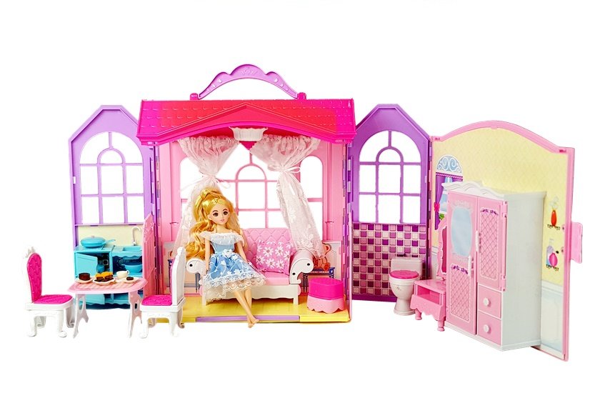 Fold-out Dollhouse Blonde Doll With Accessories Kitchen Toilet Bedroom In A Suitcase