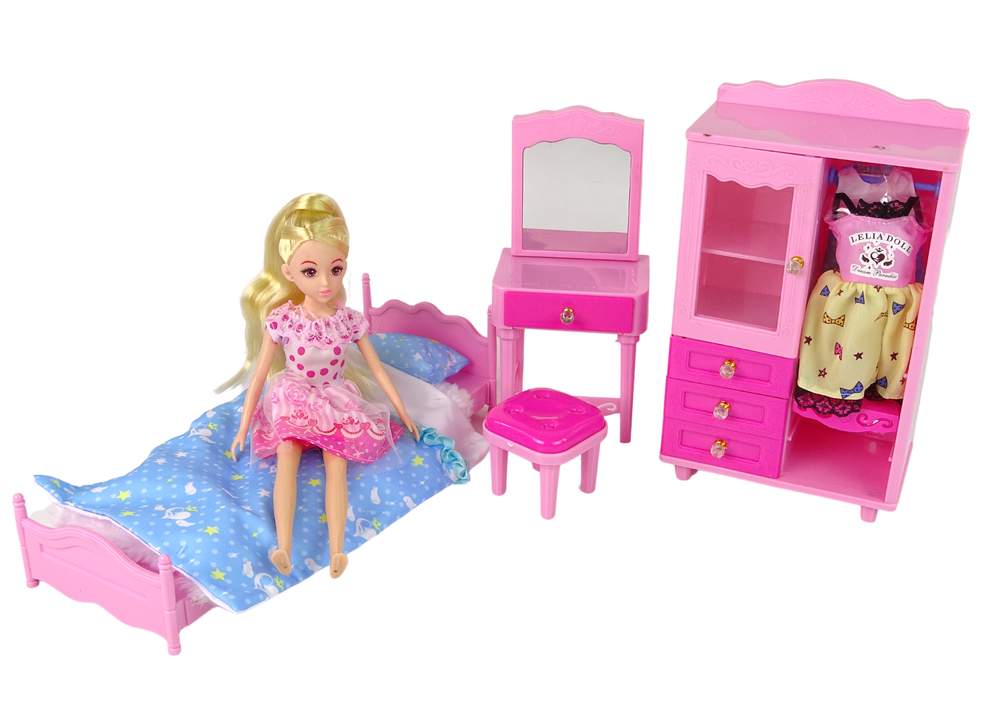 Doll + Furniture Set Bed Wardrobe Dressing Table