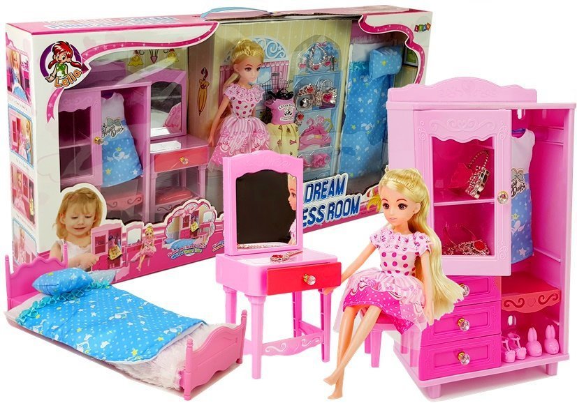 Doll + Furniture Set Bed Wardrobe Dressing Table