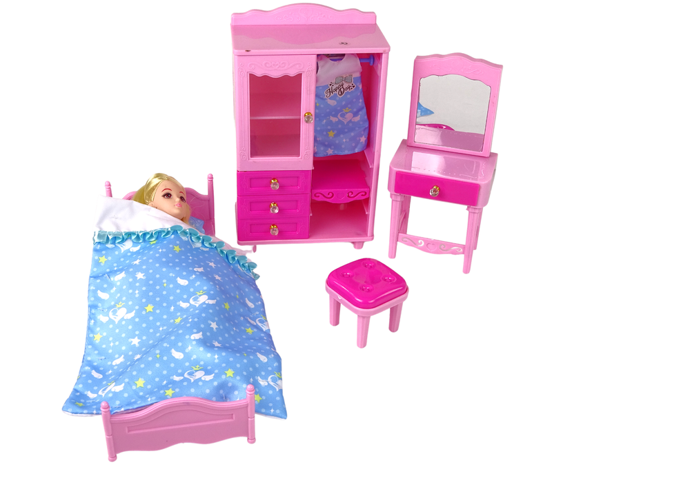 Doll + Furniture Set Bed Wardrobe Dressing Table