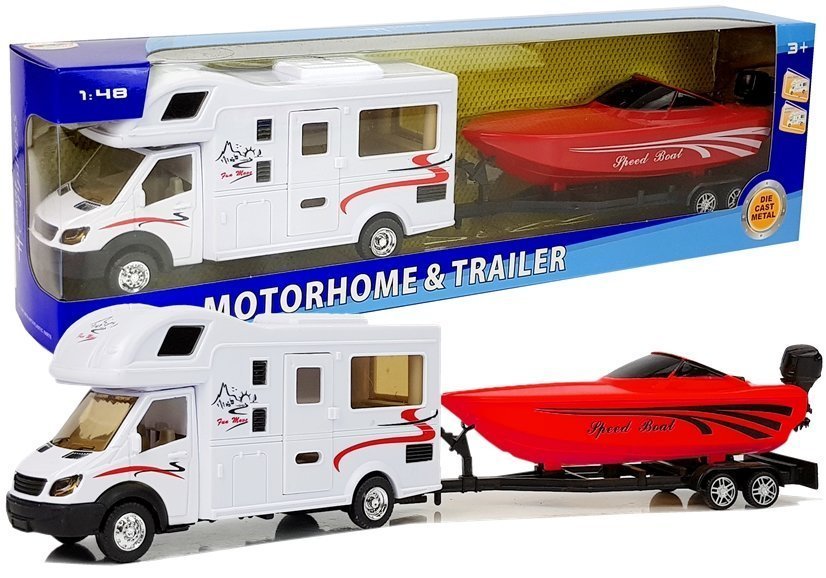 Camper With Red Motorboat And 1:48 Friction Drive