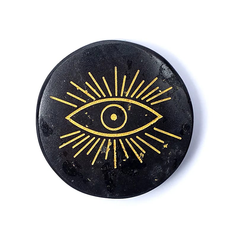 Graverad Mineralskiva Svart Turmalin Allseeing Eye - ±5cm Set med 2 st