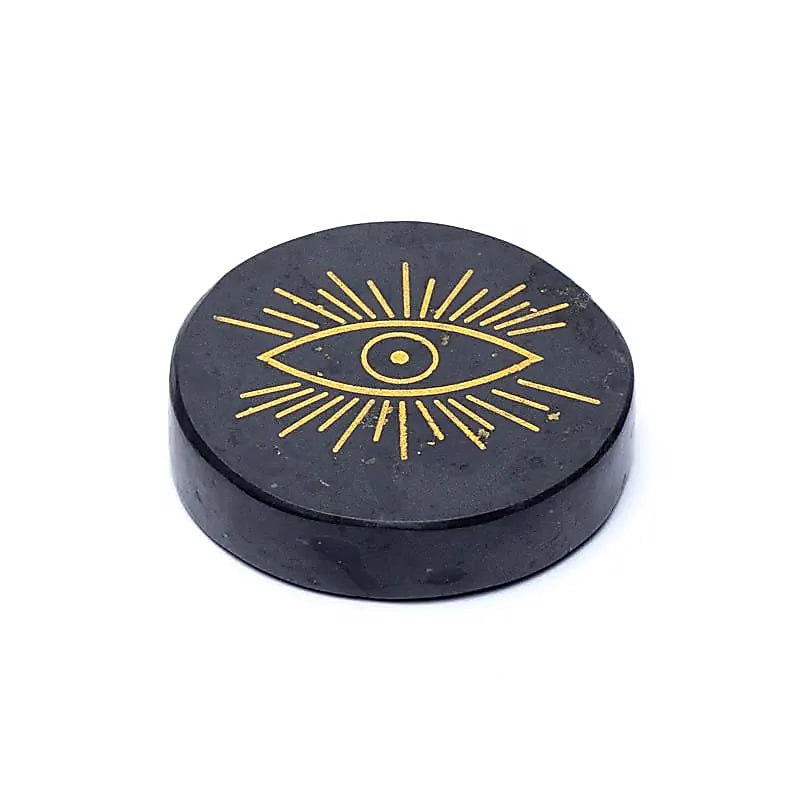 Graverad Mineralskiva Svart Turmalin Allseeing Eye - ±5cm Set med 2 st