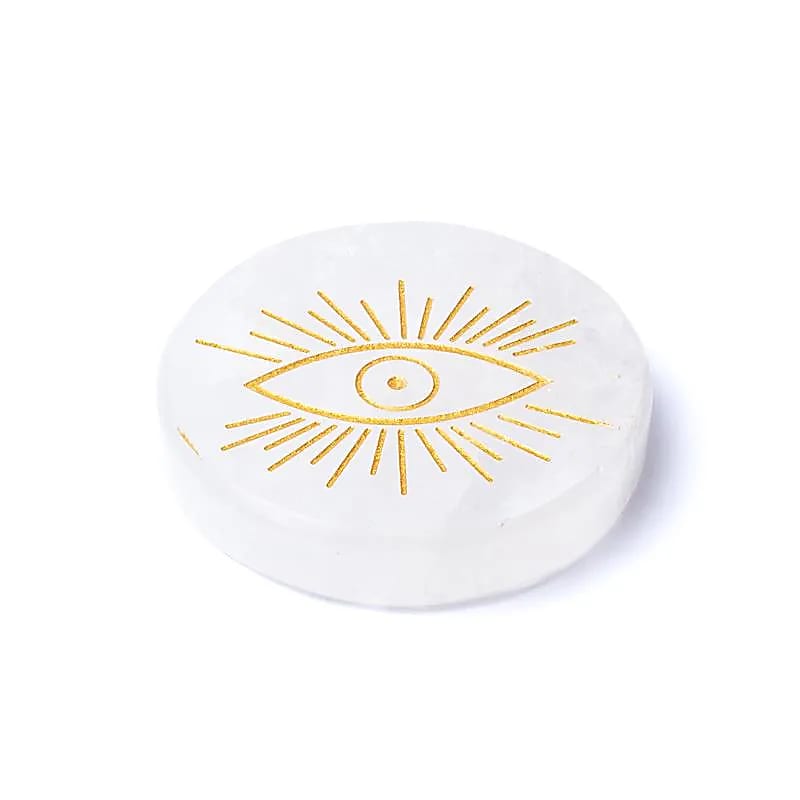 Grawerowany dysk mineralny Allseeing Eye z kryształu górskiego - ± 5 cm Zestaw 2 szt