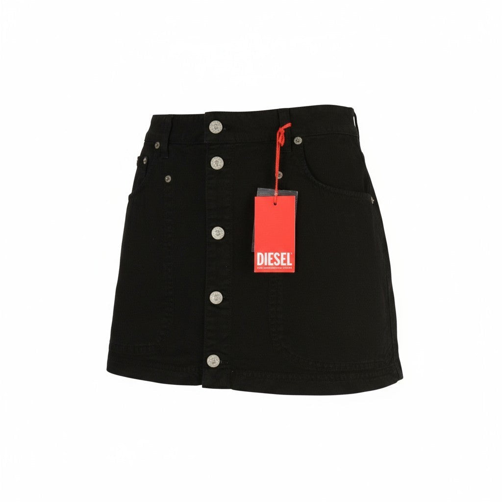 Spódnica damska Diesel w kolorze beżowym. Czarna bawełniana, zapinana na guziki, krótkie kieszenie z logo