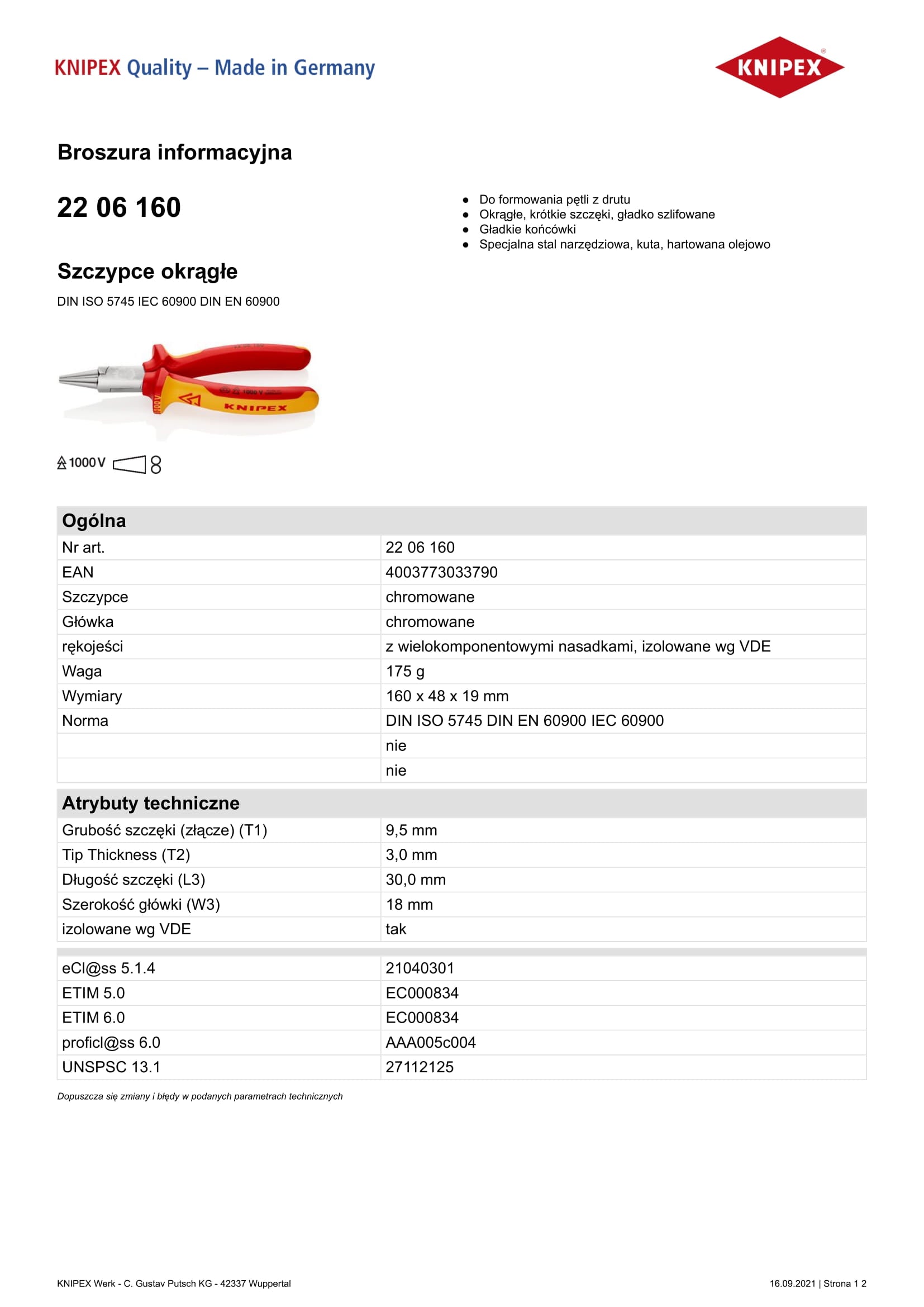 Pinza a becchi tondi 1000v 160mm
