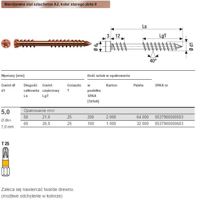 Vite per decking A2 (200) Tx 5,0*50 mm Spax-d Oro antico