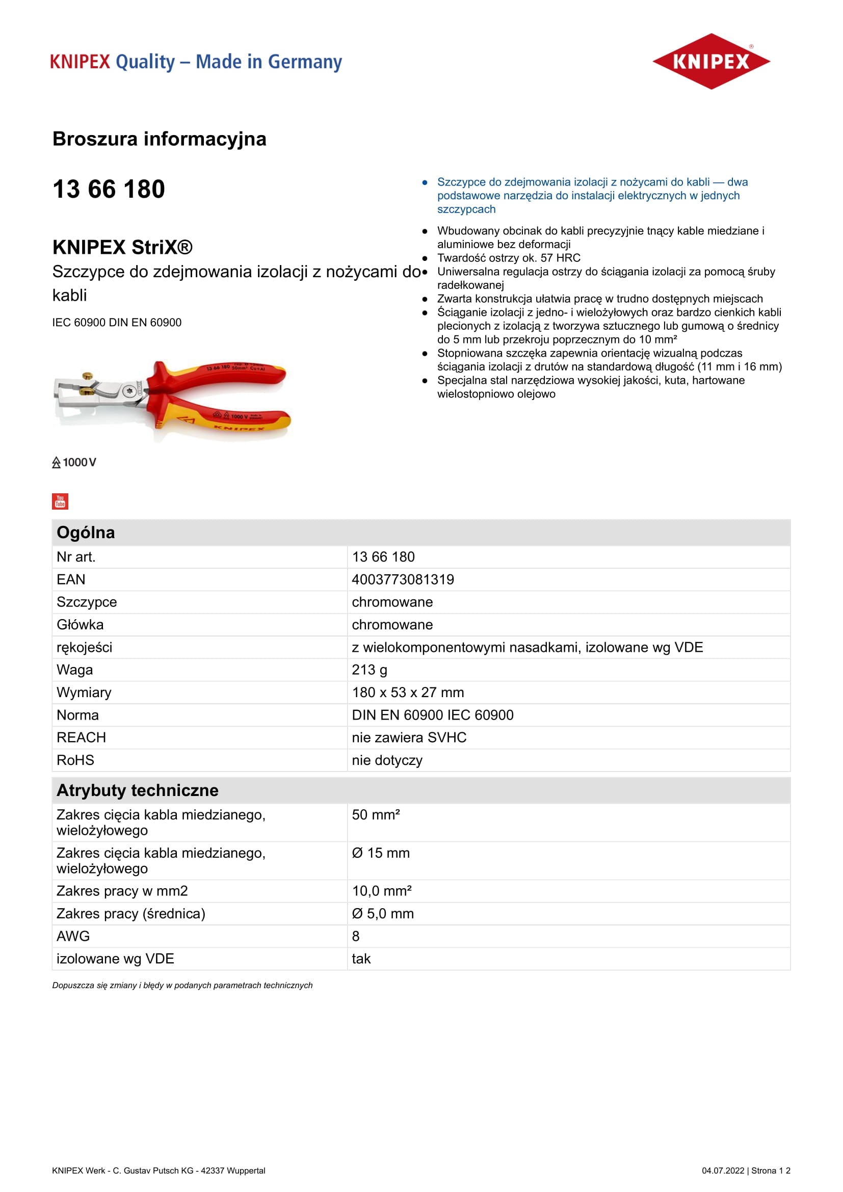 Abisolierzange mit Kabelschneider 180 mm