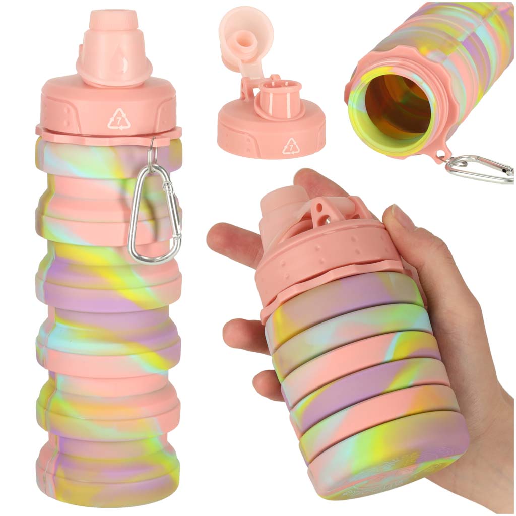 Botella De Agua Bidon Silicona Plegable Con Asa Deportiva 500ml Arco Iris