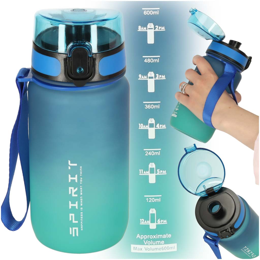Water Bottle Bidon With Straw Handle Sports 600ml Blue-green