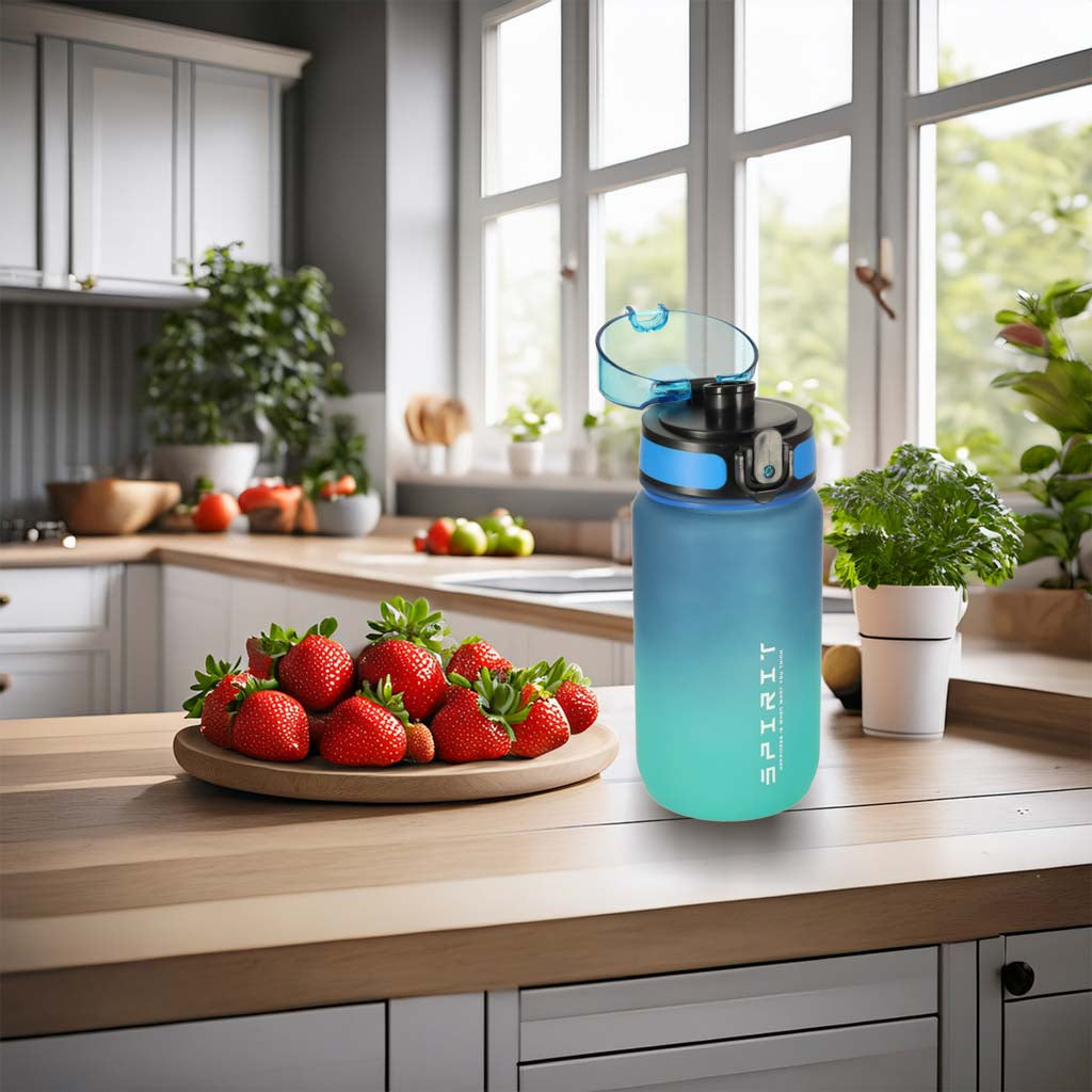 Water Bottle Bidon With Straw Handle Sports 600ml Blue-green