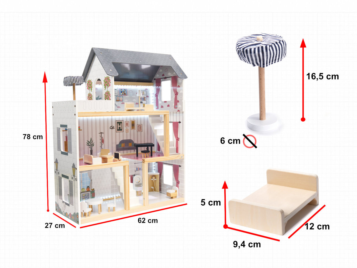 Maison de poupée en bois Mdf + meubles 78cm Led noire