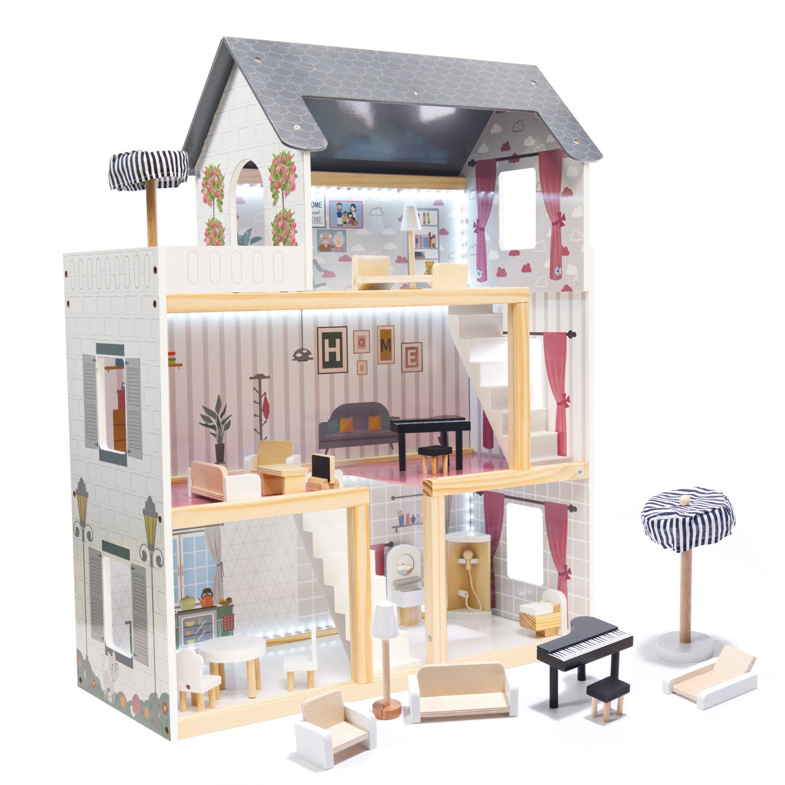 Mdf Wooden Doll House + Furniture 78cm Black Led
