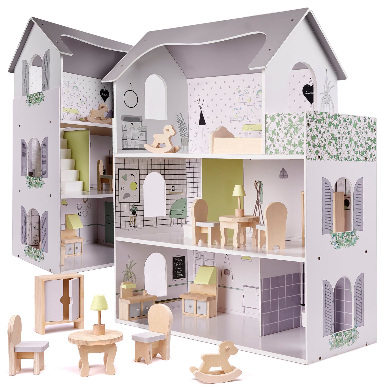 Wooden Dollhouse + Furniture 70cm Grey