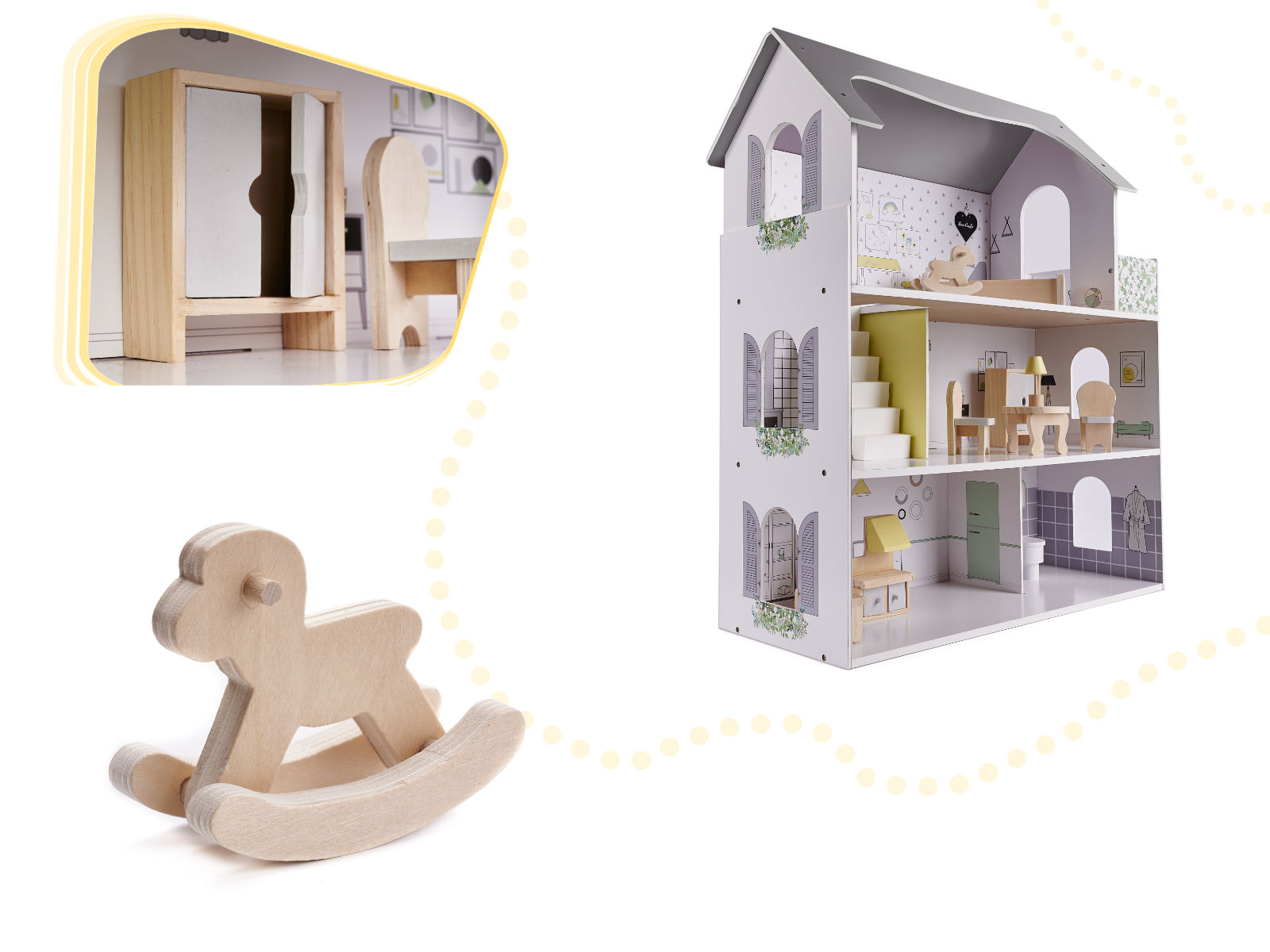 Wooden Dollhouse + Furniture 70cm Grey