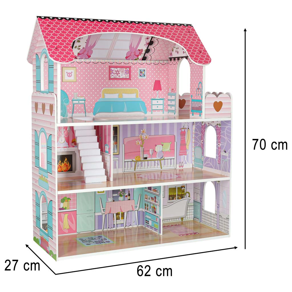 Mdf drevený domček pre bábiky + nábytok 70 cm ružová LED
