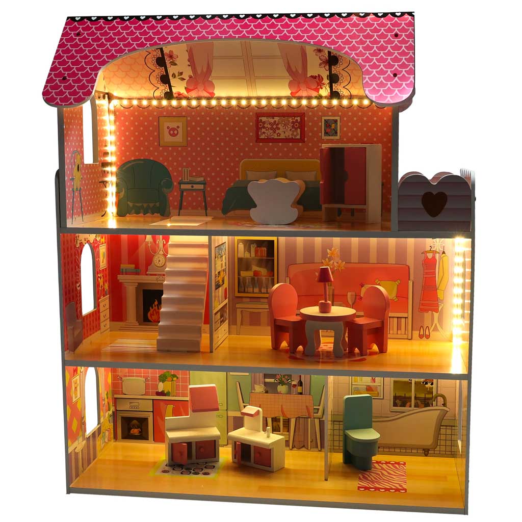 Mdf fa babaház + bútor 70cm rózsaszín led