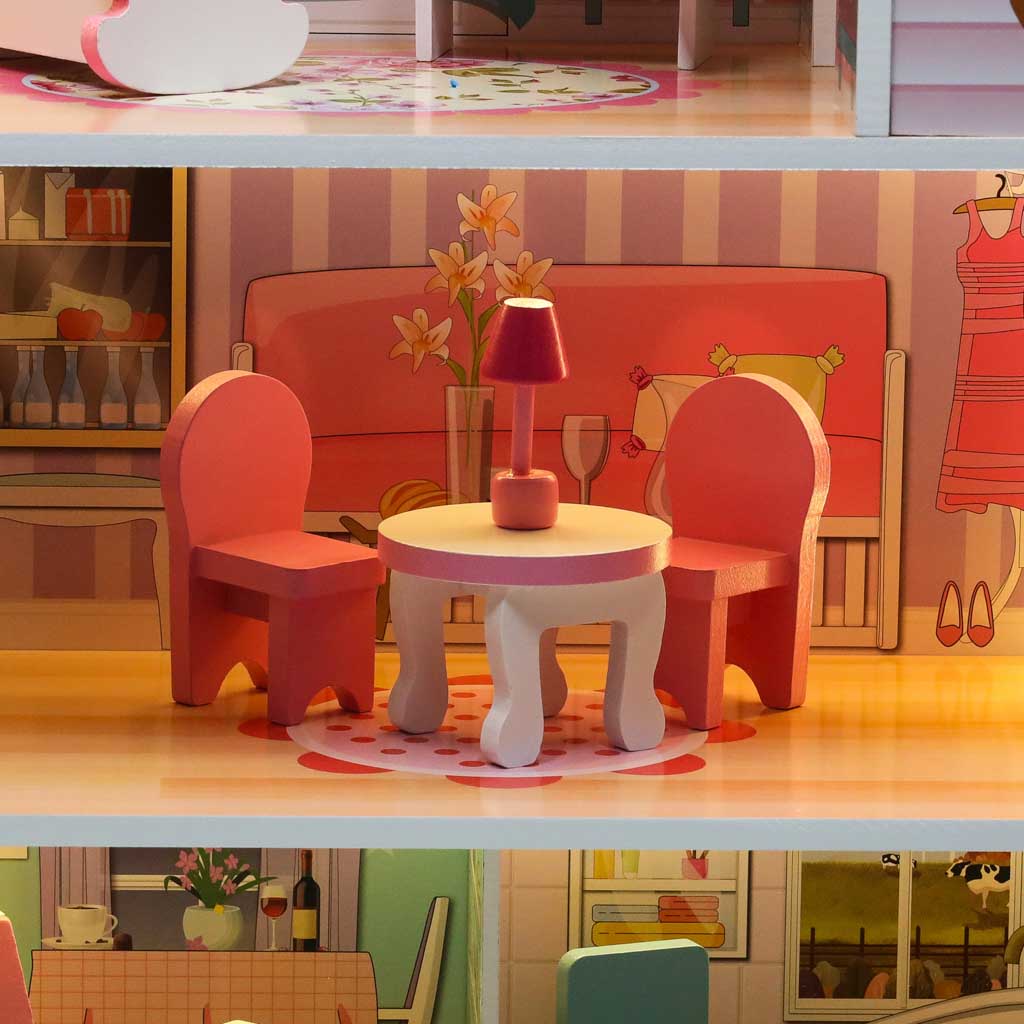 Mdf Wooden Dollhouse + Furniture 70cm Pink Led