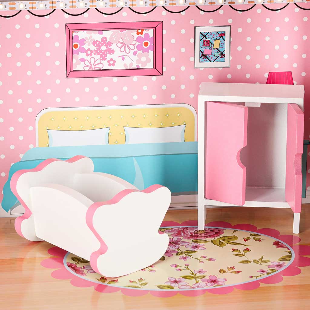 Mdf Wooden Dollhouse + Furniture 70cm Pink Led