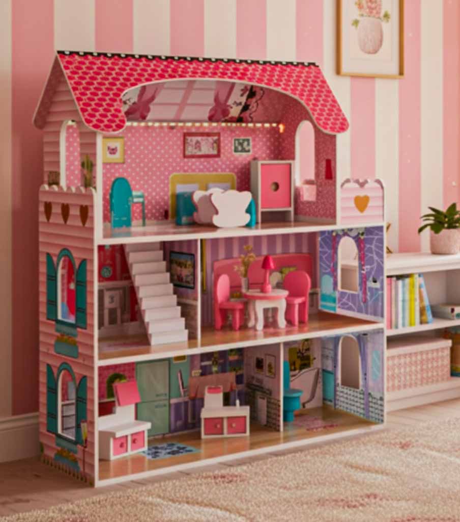 Mdf drevený domček pre bábiky + nábytok 70 cm ružová LED