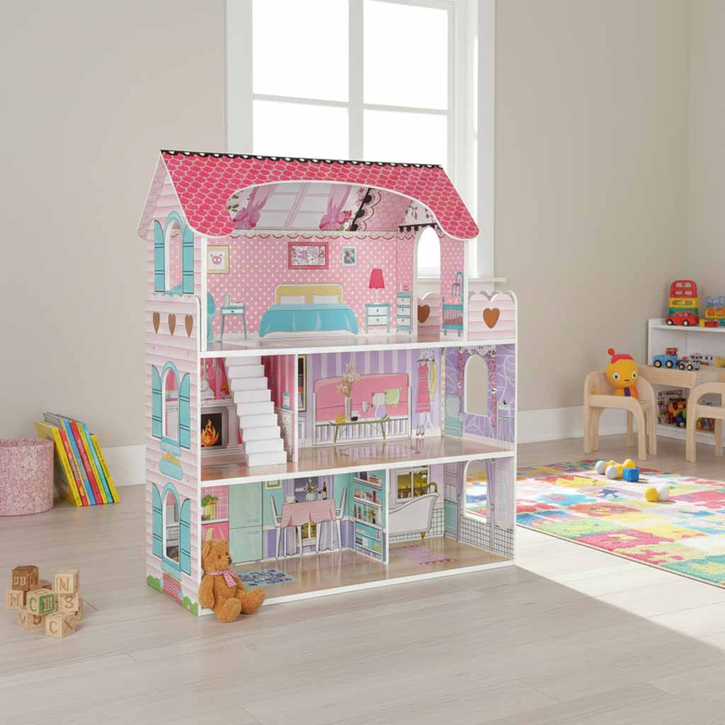 Mdf drevený domček pre bábiky + nábytok 70 cm ružová LED