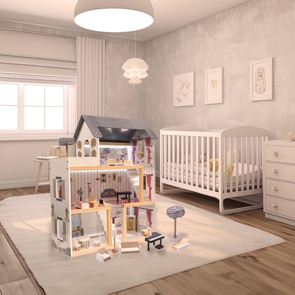 Maison de poupée en bois Mdf + meubles 78cm Led noire